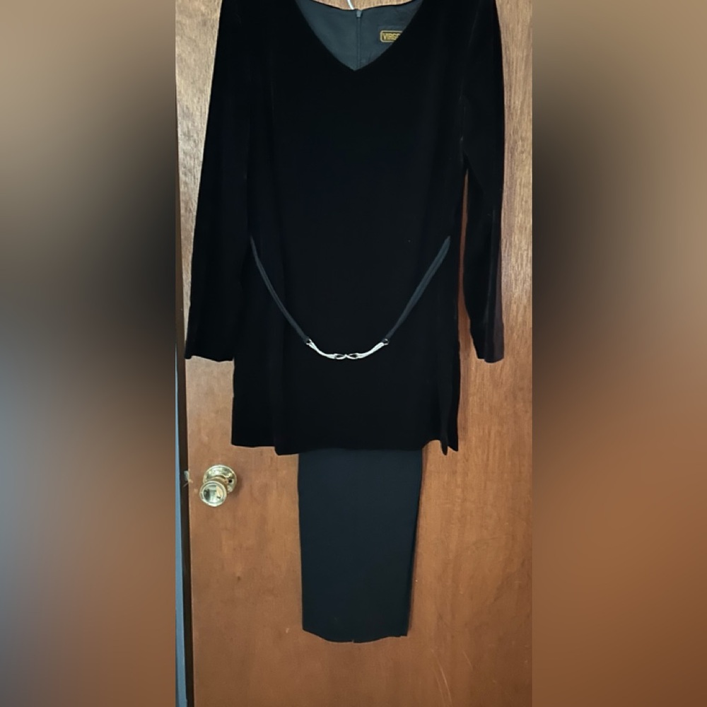 Elegant Black Velvet Pant Suit with Silver accent Belt
